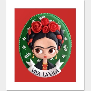 Frida Kahlo kawaii mexican painter cute flower background medallion Posters and Art